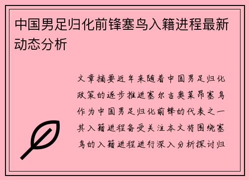 中国男足归化前锋塞鸟入籍进程最新动态分析